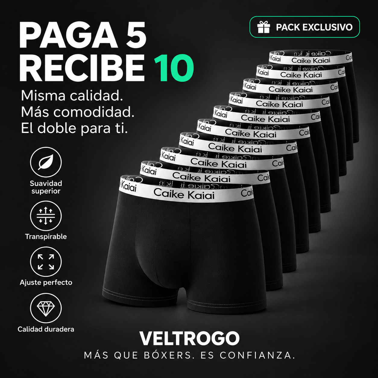 Pack de 10 Bóxers Veltrogo™
Paga 5 y recibe 10